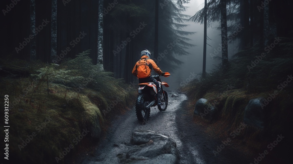 Poster a person operating a motorbike while traversing a path through the forest. Generative AI