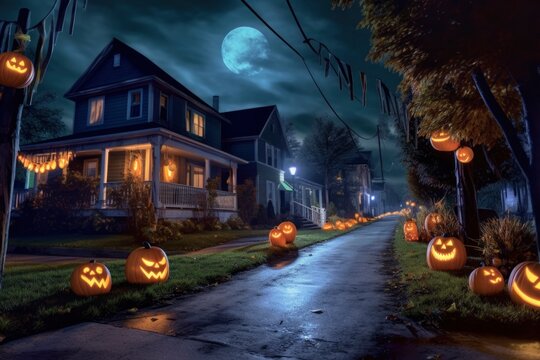 Halloween night in the village generated with Generative AI technology