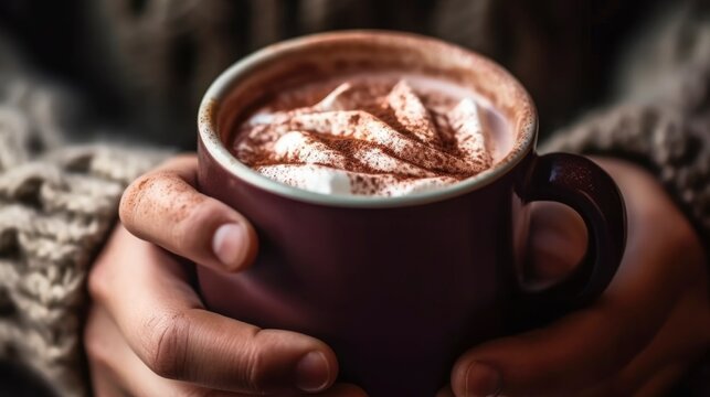 Hands holding a cup of hot chocolate generated with Generative AI technology