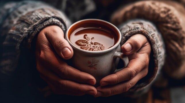Person holding a cup of a hot beverage generated with Generative AI technology