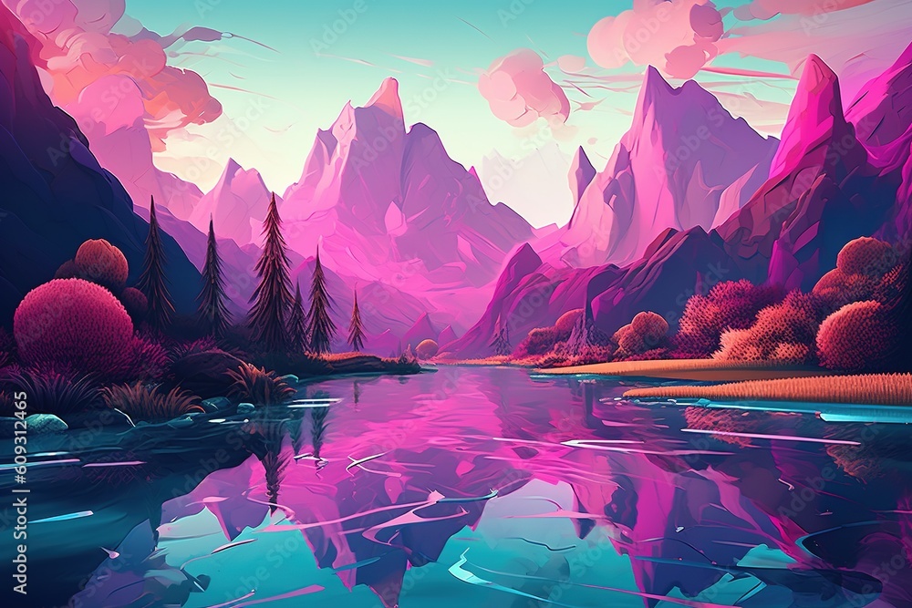 Poster a picture depicting a lake in the mountains that is encircled by trees generative ai