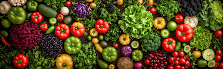 Fresh vegetables on black background. Variety of raw vegetables. Colorful various herbs and spices for cooking on dark background, copy space, banner. Generative AI - obrazy, fototapety, plakaty
