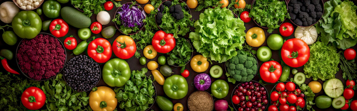 Fresh vegetables on black background. Variety of raw vegetables. Colorful various herbs and spices for cooking on dark background, copy space, banner. Generative AI