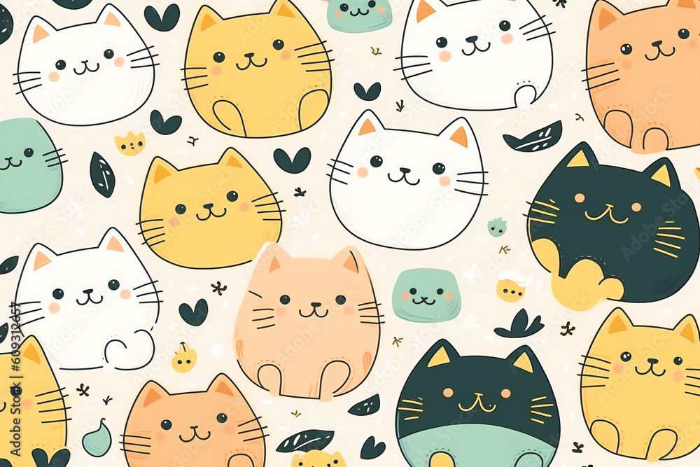 Poster cute playful kitten cartoon characters background. created with generative ai technology.
