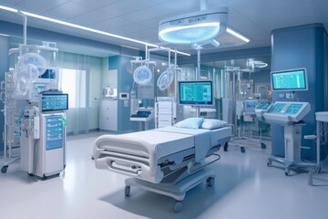 Image showcasing a well-organized and technologically advanced intensive care unit (ICU) with specialized equipment, emphasizing the importance of critical care and patient monitoring. Generative AI - obrazy, fototapety, plakaty