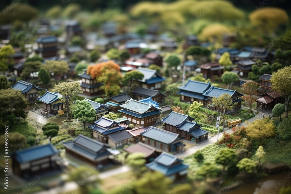 Poster a miniature representation of a metropolis that has several buildings and trees. generative ai