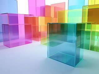 3d render, abstract geometric background, translucent glass with colorful gradient, simple square shapes, Generative AI