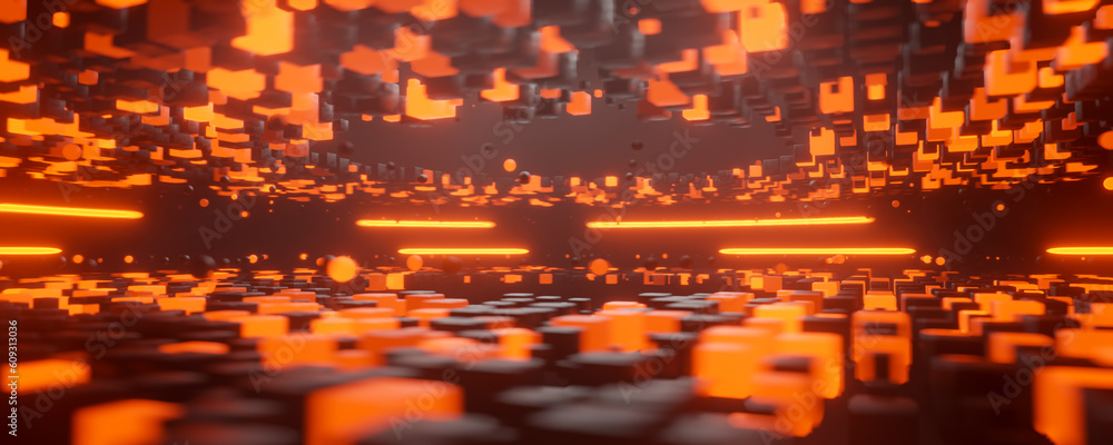 Poster orange geometric background of 3d cubes. abstract geometric pattern. wide web banner. high tech back