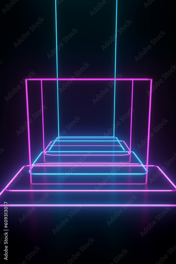 Wall mural 3d render, abstract minimal geometric background. Glowing neon lines. Stage laser show illumination. Blank rectangular shapes, square frames, virtual reality with copy, Generative AI