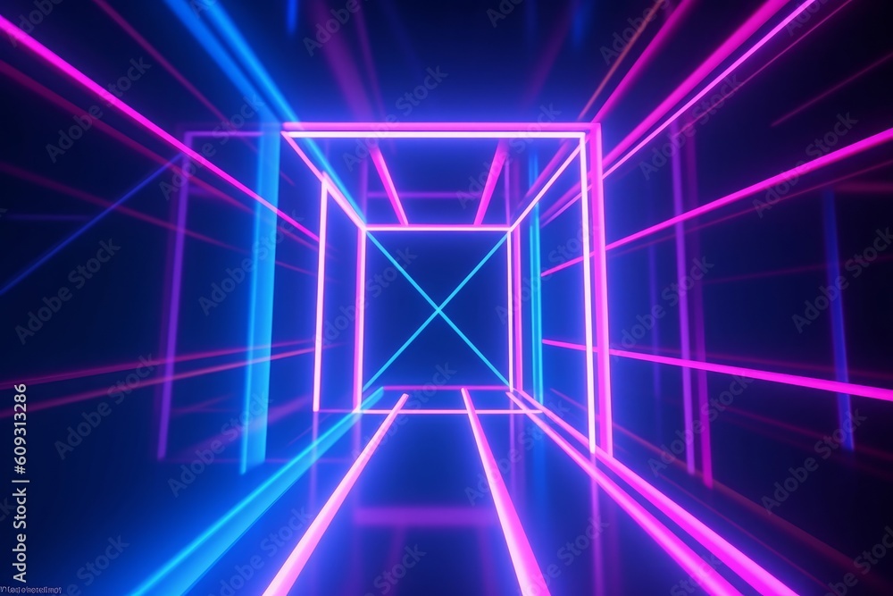 Wall mural 3d render, pink blue neon lines, geometric shapes, virtual space, ultraviolet light, 80's style, retro disco, fashion laser show, abstract background, Generative AI