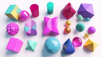 3d render, collection of abstract colorful geometric shapes isolated on white background, fun wallpaper, Generative AI