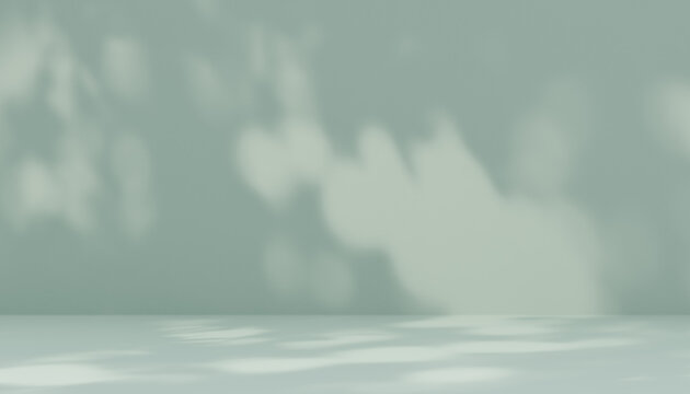 product placement with shadow leaves background. Green wall background with shadows of leaves and floor for product placement and advertisement