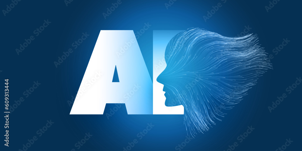 Poster blue machine learning, artificial intelligence and neural networking design concept with human or ro