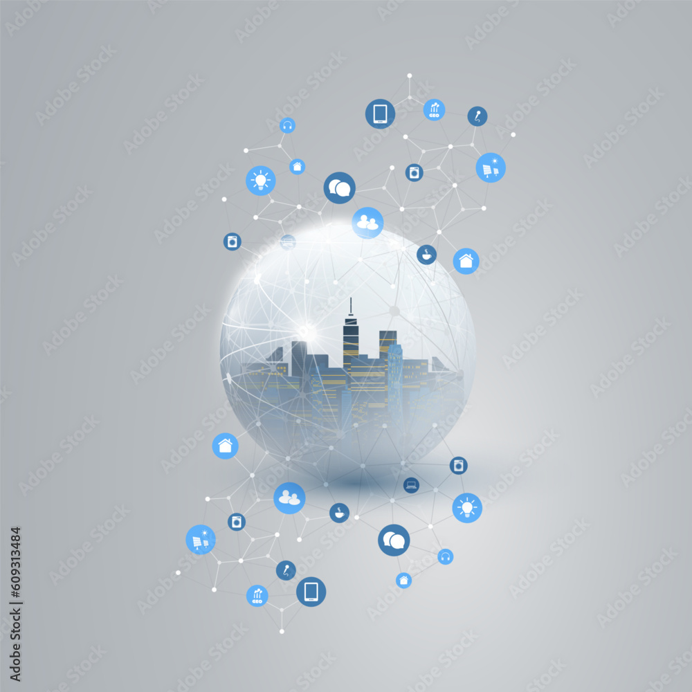 Poster futuristic smart city, iot and cloud computing design concept with icons, polygonal mesh, cluster an