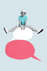 Vertical collage image of black white gamma mini guy sit above big empty space dialogue bubble...