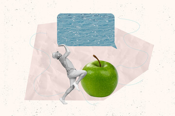 Collage picture of mini black white effect guy arms hold water dialogue bubble big green apple...