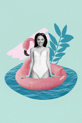Vertical collage of pretty black white gamma girl swim flamingo inflatable ring drawing pant leaves isolated on teal background