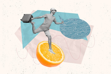 Creative collage image of mini black white effect guy hold suitcase run big orange fruit water...