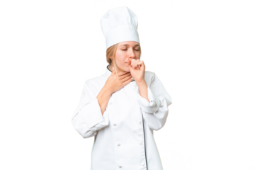 Young chef woman over isolated chroma key background is suffering with cough and feeling bad