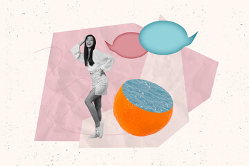 Creative composite abstract concept collage photo of funny gorgeous woman stand near orange in...