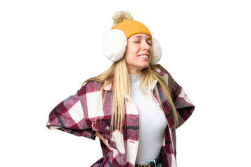Young pretty blonde woman wearing winter muffs over isolated chroma key background suffering from...
