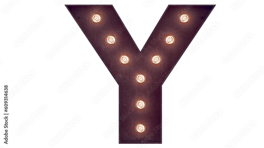 Fototapete light bulb glowing letter alphabet character y font. front view illuminated capital symbol on black 