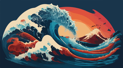 Abstract ocean big wave tsunami illustration vector art 
 - obrazy, fototapety, plakaty