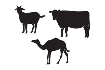 silhouette of animals, goat, camel and cow.for design about Eid Al-Adha theme