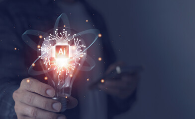 AI, machine learning, human touch on the big data network, creative information in the light bulb, artificial intelligence science and technology, innovation for the future