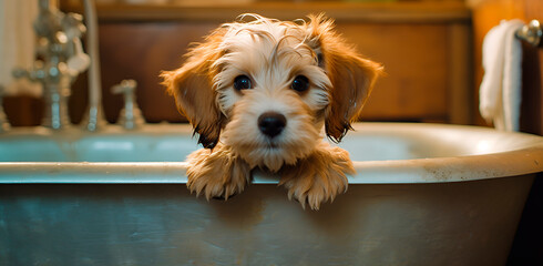 Dachshund puppy bathes in vintage bathroom , generated AI Generative AI