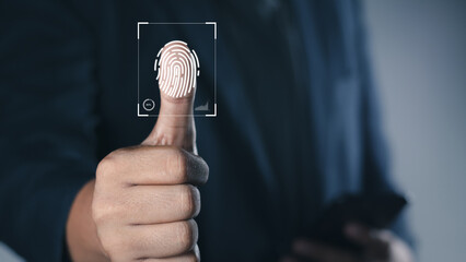 Users online security check system. Businessman using fingerprint. Digital transformation technology strategy, transformation of ideas and the adoption of technology in business in the digital age.