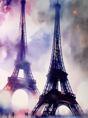 Watercolor Eiffel Tower, Paris. AI generated illustration