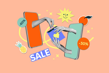Web poster banner collage of sopping concept booking order online store deliver summer voyage stuff...