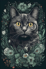 black cat with flowers