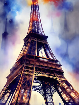 Watercolor Eiffel Tower, Paris. AI generated illustration