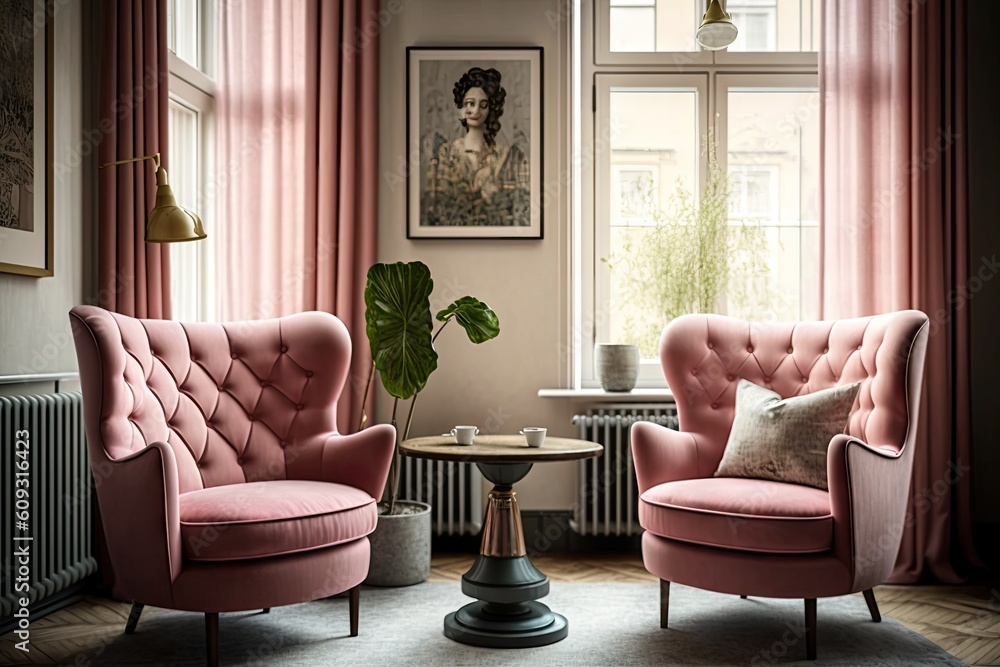 Poster a pair of pink armchairs and a coffee table in the living room are perfect for reading and relax, created with generative ai