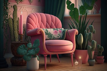 a pink armchair surrounded by plants and candles in a bright room, created with generative ai