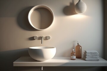 round white wash basin with minimalist fixtures and pared-back styling, created with generative ai