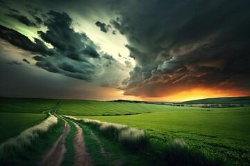 sunset over rolling fields of green, with dramatic clouds in the background, created with generative ai