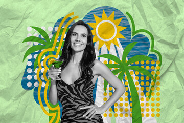 Collage portrait of black white effect cheerful gorgeous girl hold cocktail glass painted sun palm isolated on paper green background