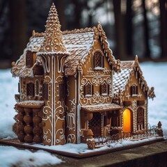 gingerbread house in the snow