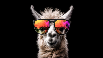 portrait of a gorgeous stylish trendy modern lama animal in stylish glasses. Black backgorund. Creative portrait in iridescent neon colors, concept photo in neon lighting. AI generated.