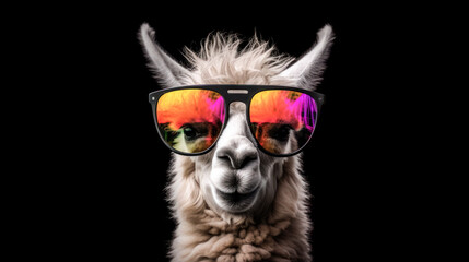 Fototapeta premium portrait of a gorgeous stylish trendy modern lama animal in stylish glasses. Black backgorund. Creative portrait in iridescent neon colors, concept photo in neon lighting. AI generated.