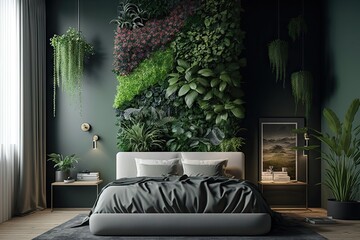 vertical garden with lush greenery and flowering plants on the bedroom wall, created with generative ai