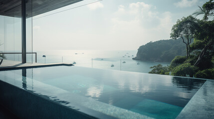 Fototapeta na wymiar Infinity swimming pool with sea view at luxury resort. Generative AI