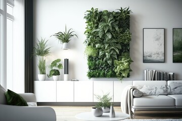 a green and blooming vertical garden on a white wall in a modern interior, created with generative ai