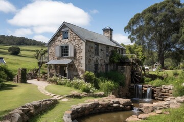 Fototapeta na wymiar farmhouse surrounded by lush rolling hills, with stream and waterwheel in the background, created with generative ai