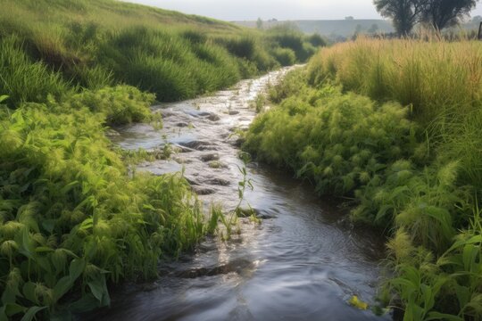 agri runoff entering a river, with fish and water plants visible, created with generative ai