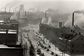town in the 1940s, with smoke from factory chimneys obscuring the sky, created with generative ai