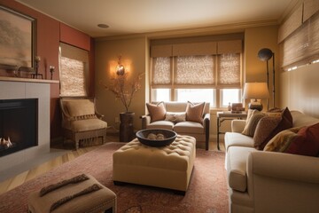 a cozy living room with warm colors and subtle patterns, featuring a fireplace and comfortable seating, created with generative ai